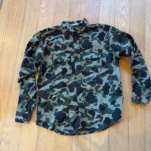 VTG Five Brother Duck Camo Button Chamois Shirt L Made In USA Hunting Flannel